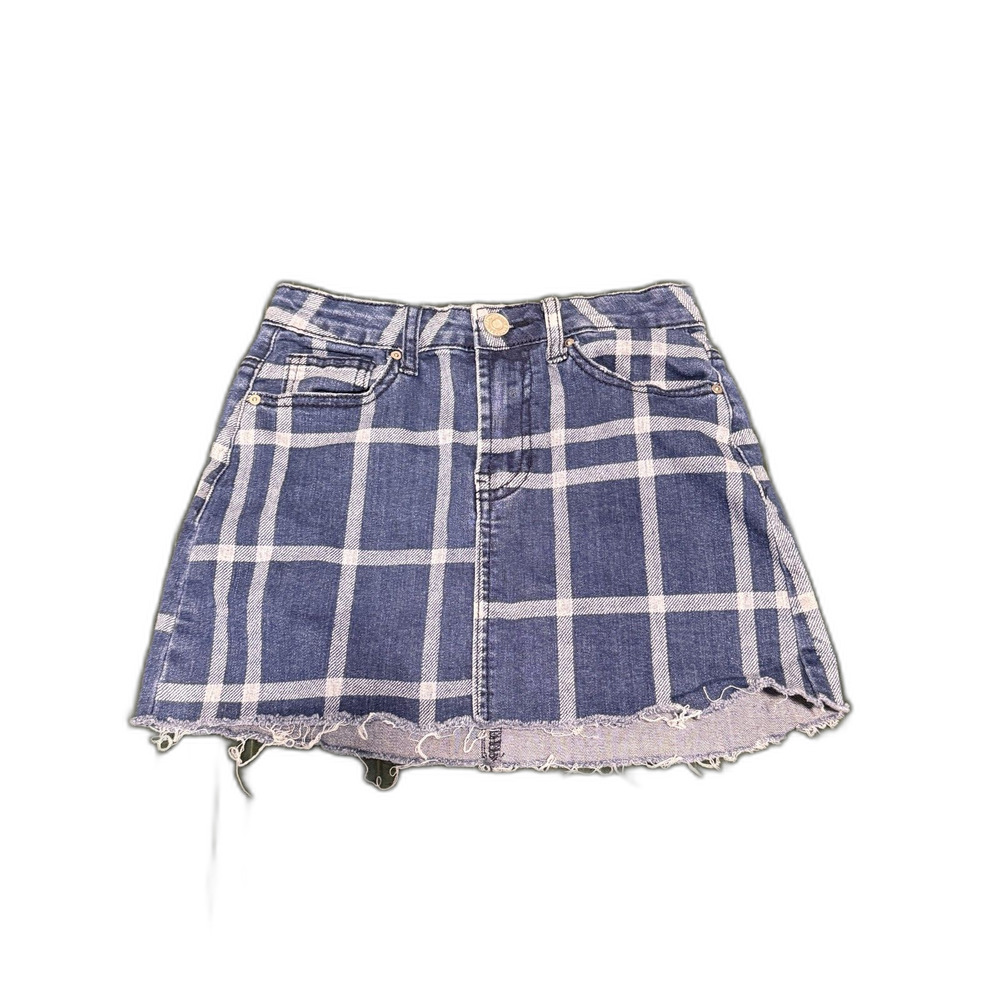 Blue White Plaid Denim Mini Skirt — Raw Hem, Button Front, Y2K Plaid